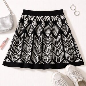 Y2K BONGO Black White Patterned Skater Skirt Knit Acrylic Pull-on Sz XL Grunge